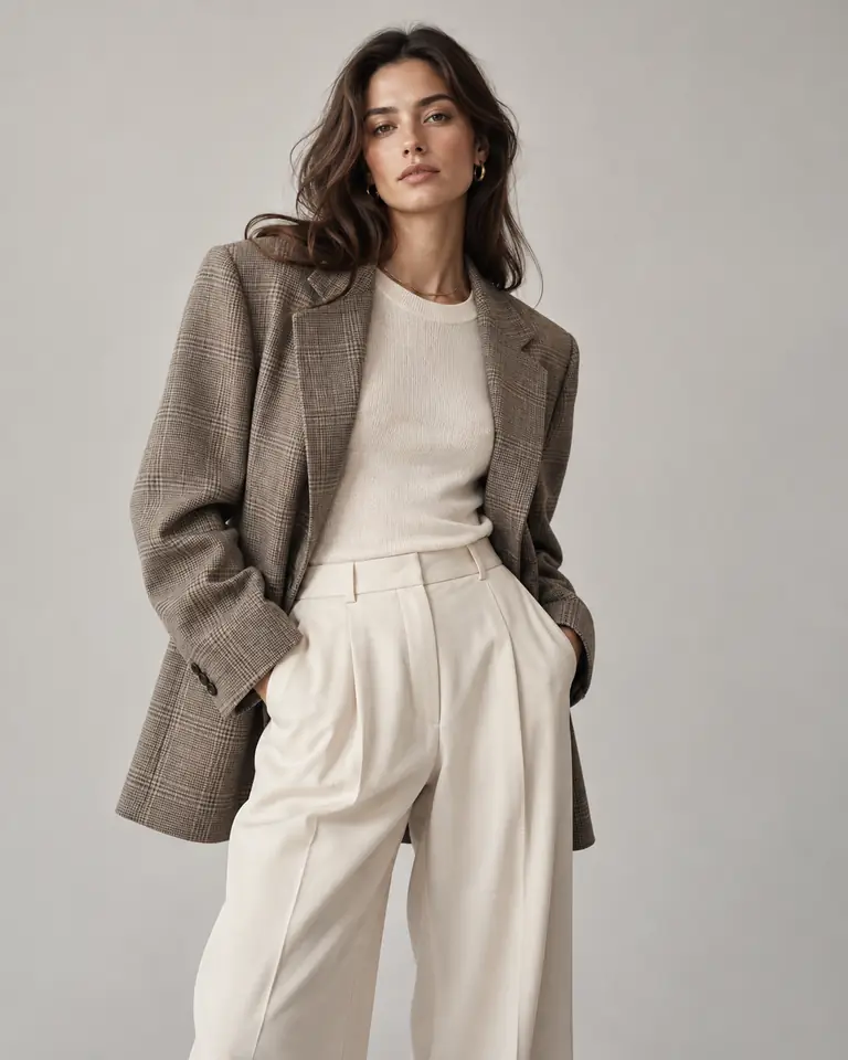Modella con blazer a quadri e pantaloni color avorio