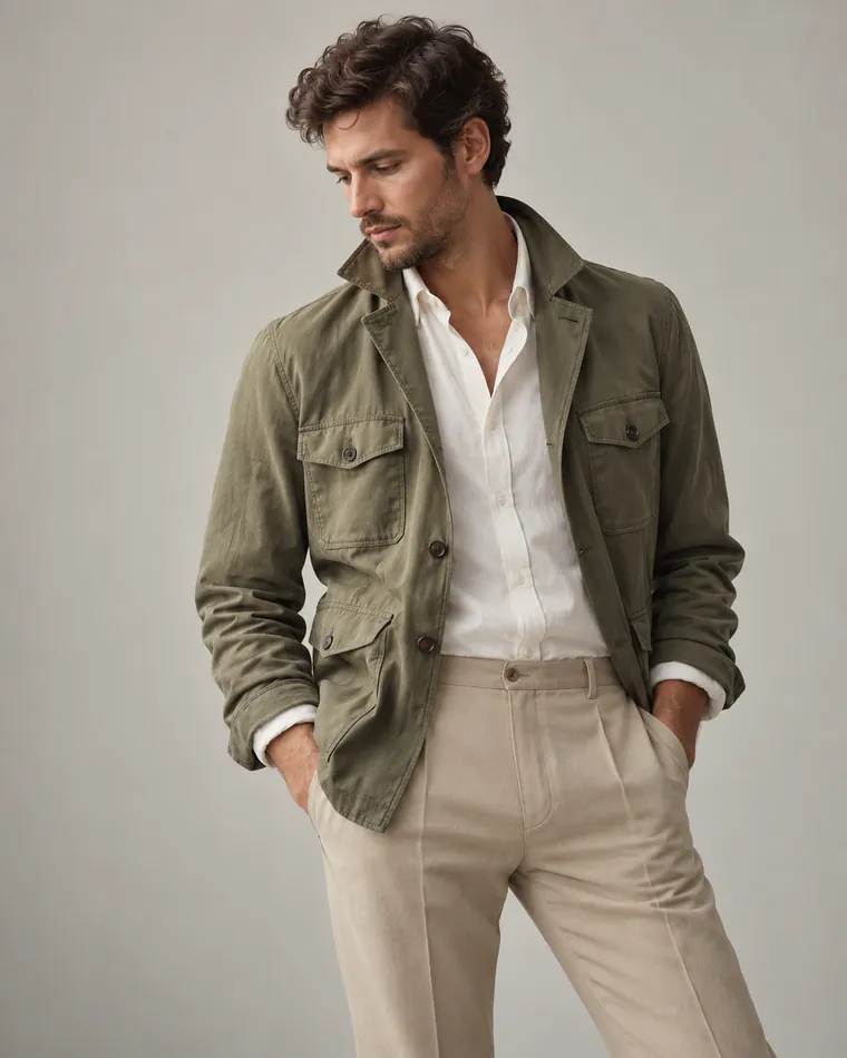 Modello con giacca verde oliva, camicia bianca e pantaloni sabbia